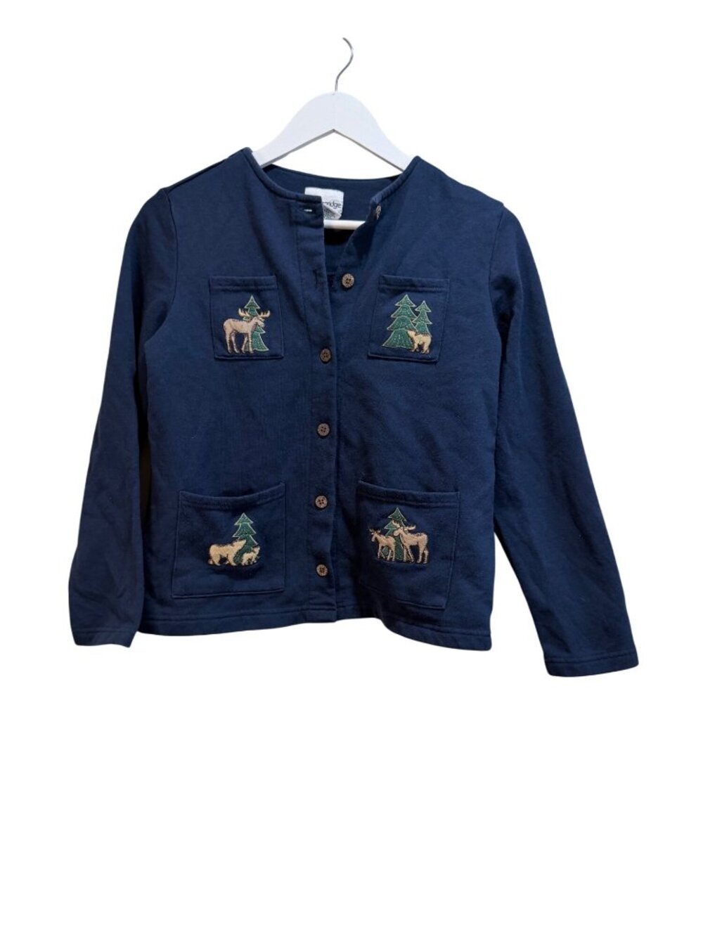 Novelty Whimsical Fall Embroidered Moose Trees Button-Up Cardigan PS